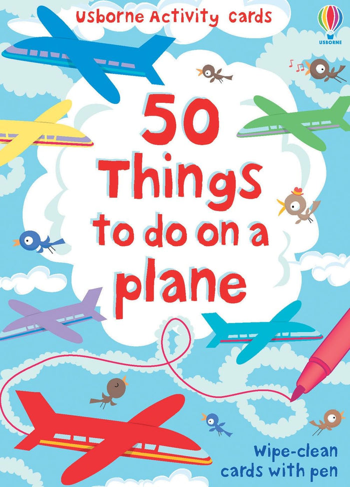 Children's activity card cover with colorful cartoon airplanes and birds in a blue sky with a red wipe-clean pen.