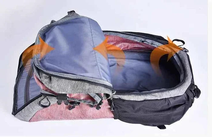 Red 50L nylon hiking backpack by Mead's Supply & Equipment Outfitters, lightweight outdoor sports rucksack with embroidered design.