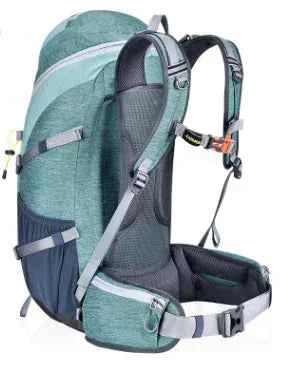Red 50L nylon hiking backpack by Mead's Supply & Equipment Outfitters, lightweight outdoor sports rucksack with embroidered design.