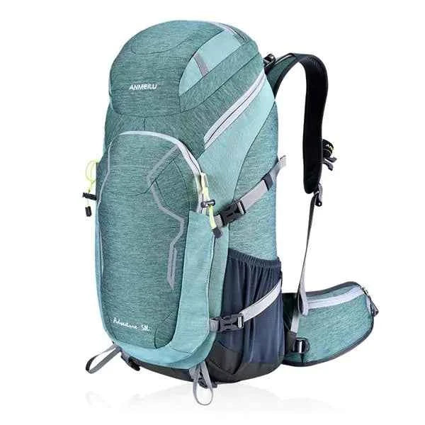 Red 50L nylon hiking backpack by Mead's Supply & Equipment Outfitters, lightweight outdoor sports rucksack with embroidered design.