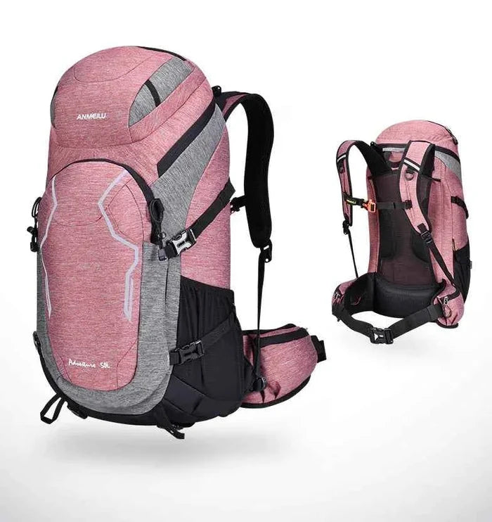 Red 50L nylon hiking backpack by Mead's Supply & Equipment Outfitters, lightweight outdoor rucksack with embroidered design.