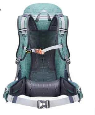 Red 50L nylon hiking backpack by Mead's Supply & Equipment Outfitters, lightweight outdoor sports pack with embroidered design.