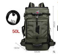 Army green 50L Oxford fabric hiking backpack with large capacity and durable construction, ideal for outdoor travel and adventures.
