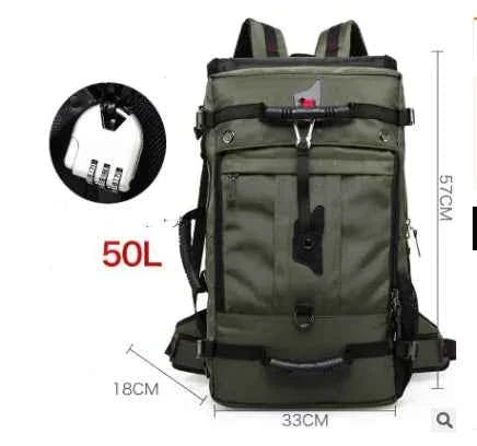 Army green 50L Oxford fabric hiking backpack with large capacity and durable construction, ideal for outdoor travel and adventures.