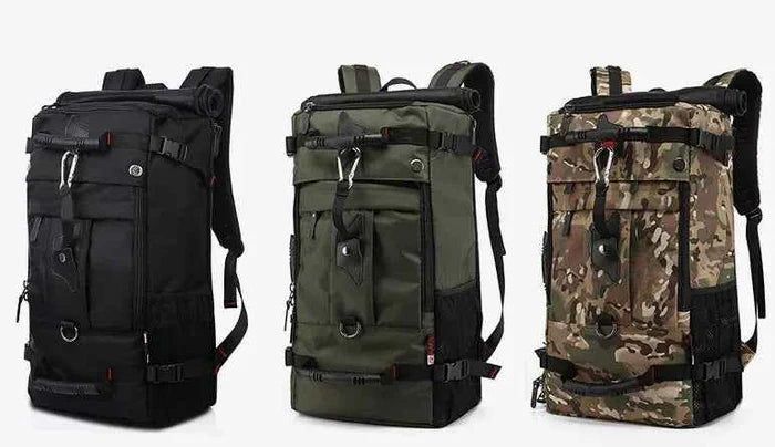 Army green 50L Oxford fabric hiking backpack from Mead's Supply & Equipment Outfitters with large capacity and durable outdoor design.