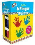 Yellow box with red, blue, and green handprints and a side window showing stacked red and blue paint pots.