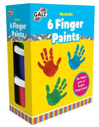 Yellow box with red, blue, and green handprints and a side window showing stacked red and blue paint pots.