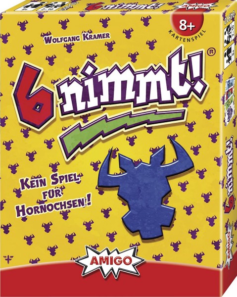 Yellow card game box for 6 Nimmt! featuring a large blue bull silhouette and purple bull patterns.