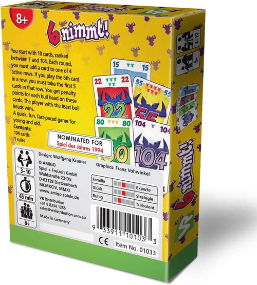 Back of a yellow game box with purple bull icons, rules text, numbered card illustrations, and game info icons.