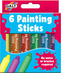 Galt box with pink splatters on blue showing six colorful painting sticks. Text: No water or brushes required.