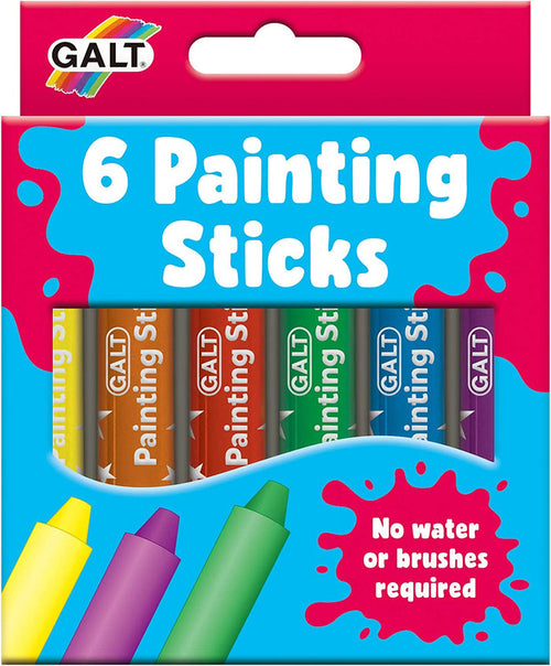Galt box with pink splatters on blue showing six colorful painting sticks. Text: No water or brushes required.