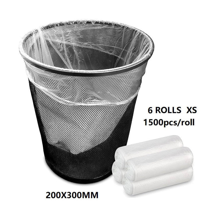 Clear trash bag rolls by dealonline.co.nz, 200x300mm X-small size, 1500pcs per roll, ideal for rubbish disposal.