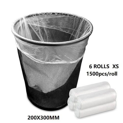Clear trash bag rolls by dealonline.co.nz, 200x300mm X-small size, 1500pcs per roll, ideal for rubbish disposal.