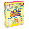 Yellow box featuring colorful previews of six social skills games including board games, scenario puzzles, and cards.