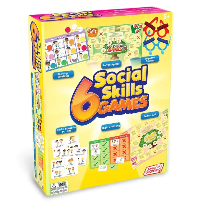 Yellow box featuring colorful previews of six social skills games including board games, scenario puzzles, and cards.