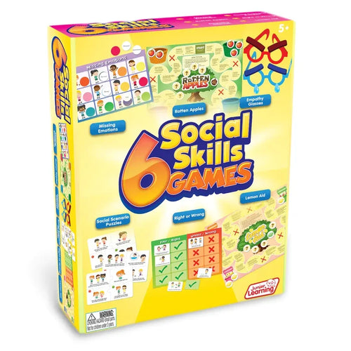 Yellow box featuring colorful previews of six social skills games including board games, scenario puzzles, and cards.