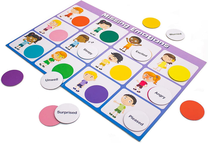 Missing Emotions board game with illustrated children, colorful circles, and word tokens to match facial expressions.