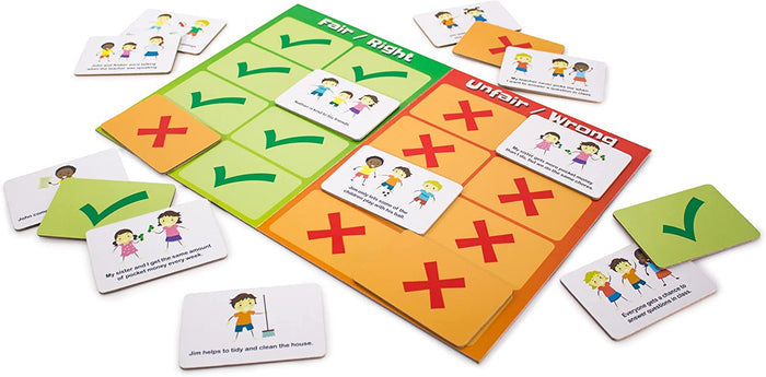 Social skills game with green Fair/Right and red Unfair/Wrong boards, scenario cards, and checkmark and X tiles.
