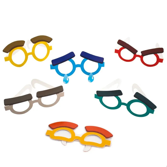 Six pairs of colorful paper glasses with varied eyebrow shapes and teardrops representing different emotions.