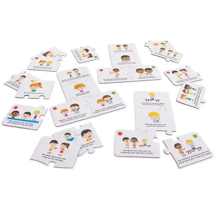 White puzzle pieces with cartoon children and text illustrating different social scenarios and emotions.