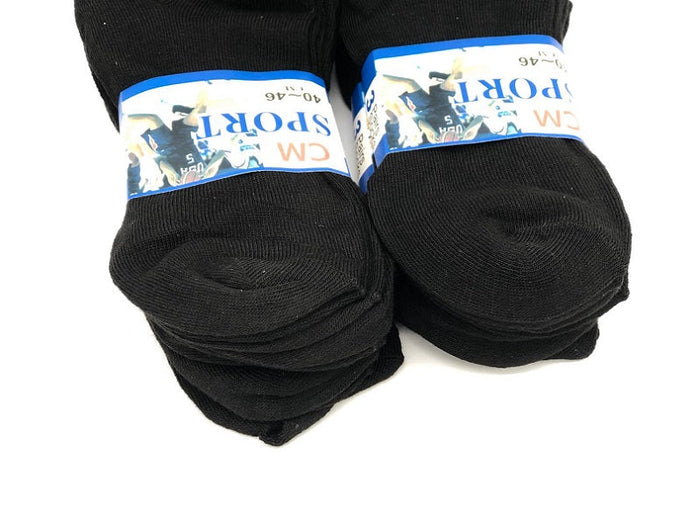 Pair of black thin ankle socks for men and women, size M7-11/W8-12, displayed flat on a white background.
