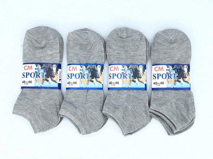 Pair of grey thin ankle socks from dealonlinenz, size M7-11/W8-12, laid flat showing the soft fabric and ankle length design.