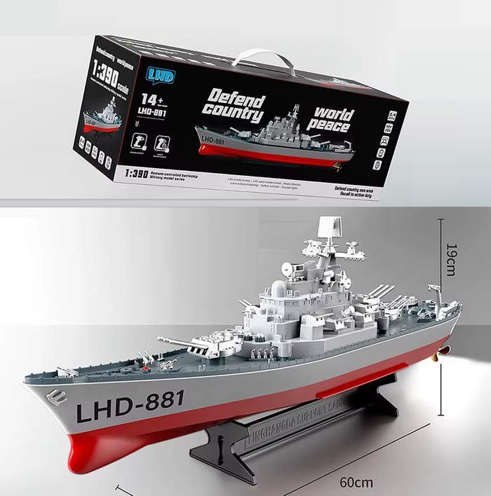 Large 60cm RC battleship model by dealonline.co.nz, with detailed deck and hull, suitable for kids and adults.