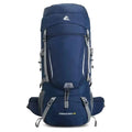Blue 60L water-repellent hiking backpack with rain cover by Mead's Supply & Equipment Outfitters, large capacity outdoor adventure pack.