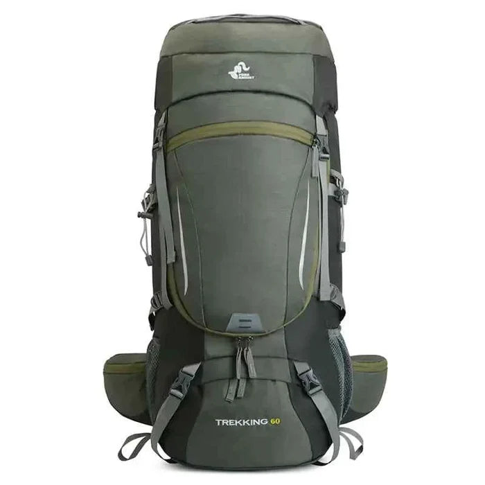 Blue 60L water-repellent hiking backpack with rain cover by Mead's Supply & Equipment Outfitters, large capacity outdoor adventure pack.
