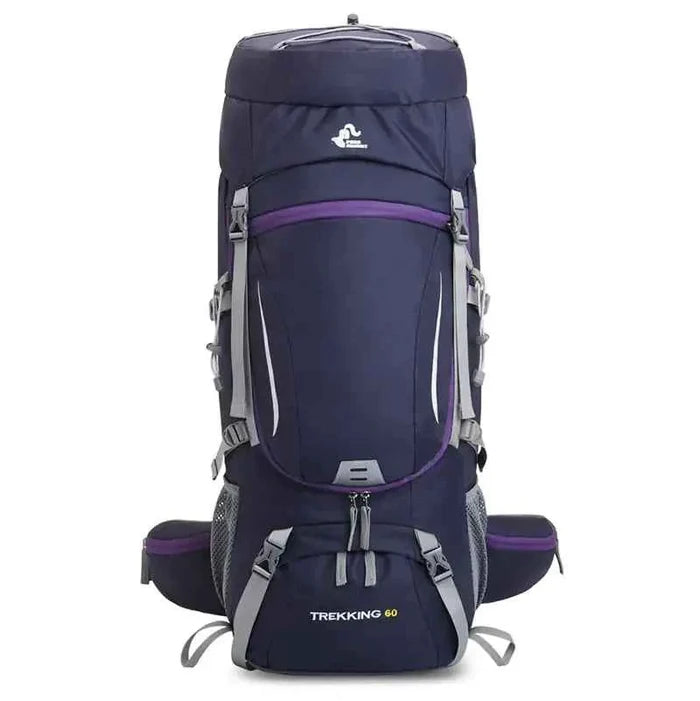 Blue Mead's Supply 60L water-repellent hiking backpack with rain cover, large outdoor capacity for adventures and outdoor trips.