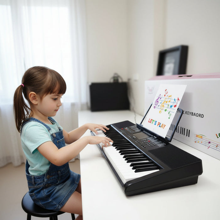 Portable 61-key multimedia electronic piano with musical keys, compact design, perfect for beginners and musicians.