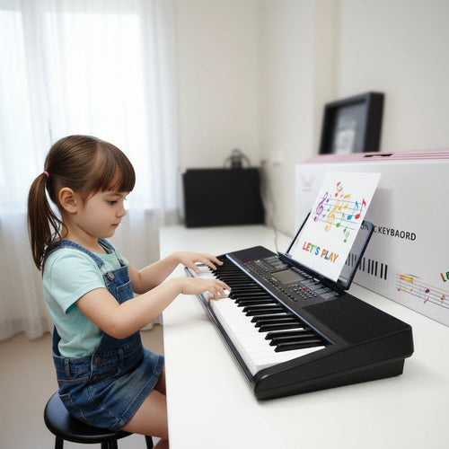 Portable 61-key multimedia electronic piano with musical keys, compact design, perfect for beginners and musicians.