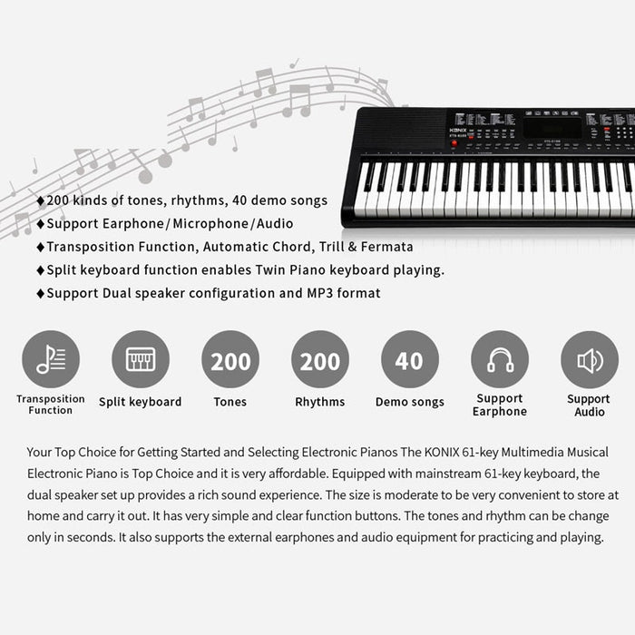 Portable 61-key multimedia electronic piano with digital controls, ideal for music practice and performance.