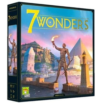 Square board game box with gold lettering and colorful artwork of the Colossus of Rhodes and pyramids at sunset.