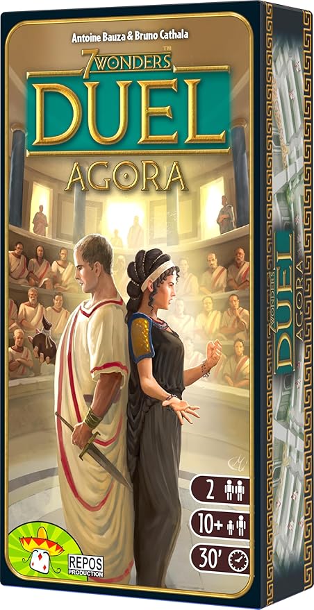 Vertical board game box featuring a man and woman back-to-back in an ancient senate, with teal and gold lettering.