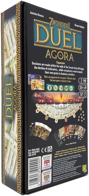 Black rectangular box with gold lettering and Greek motifs, displaying game components and cards on the back cover.