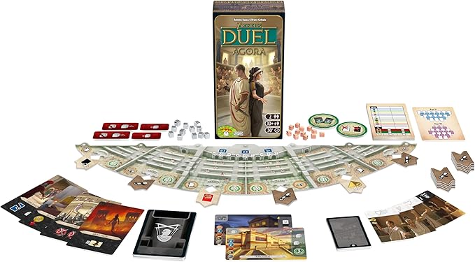 7 Wonders Duel Agora box with Roman figures, spread-out cards, wooden cubes, and a large crescent-shaped senate board.