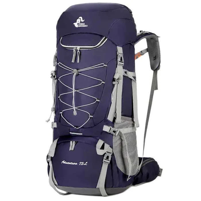 Purple 75L waterproof hiking backpack with rain cover from Mead's Supply & Equipment Outfitters, featuring adjustable straps and gear compartments.