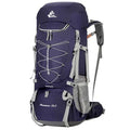 Purple 75L waterproof hiking backpack with rain cover from Mead's Supply & Equipment Outfitters, featuring adjustable straps and gear compartments.