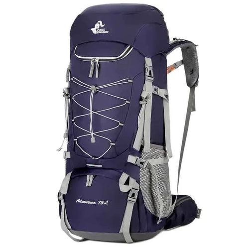 Purple 75L waterproof hiking backpack with rain cover from Mead's Supply & Equipment Outfitters, featuring adjustable straps and gear compartments.