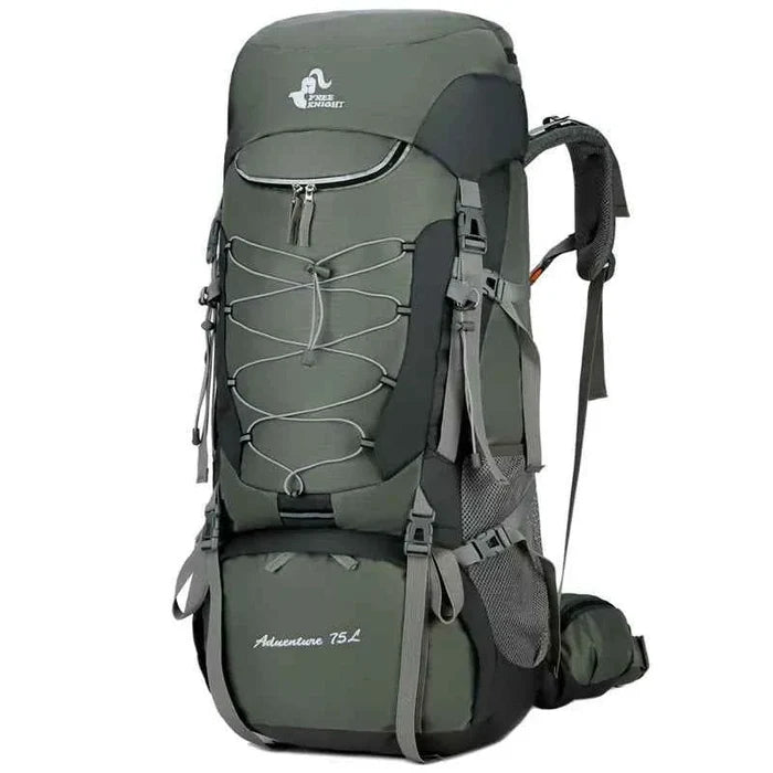 Purple 75L waterproof hiking backpack with rain cover by Mead's Supply & Equipment Outfitters, featuring adjustable straps and multiple compartments.