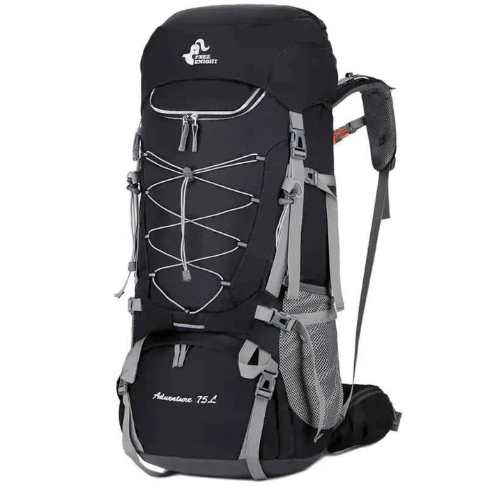 Purple 75L waterproof hiking backpack with rain cover by Mead's Supply & Equipment Outfitters, showing adjustable straps and durable material.