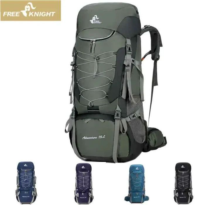 Purple 75L waterproof hiking backpack with rain cover by Mead's Supply & Equipment Outfitters, showing adjustable straps and durable material.
