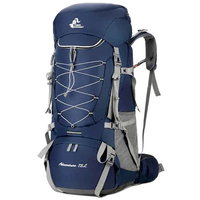 Purple 75L waterproof hiking backpack with rain cover from Mead's Supply & Equipment Outfitters, showing adjustable straps and durable material.