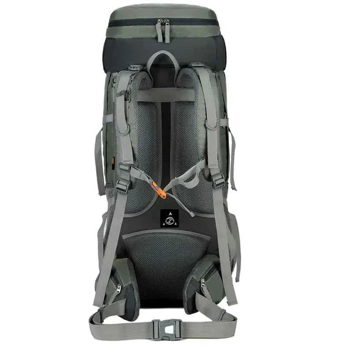Purple 75L waterproof hiking backpack by Mead's Supply & Equipment Outfitters with rain cover and adjustable straps.