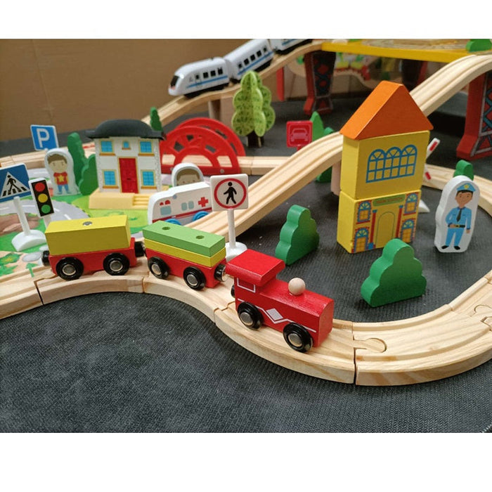 Wooden railway track toy set with manual control cars, 78-piece dealonlinenz educational wooden train set for kids.