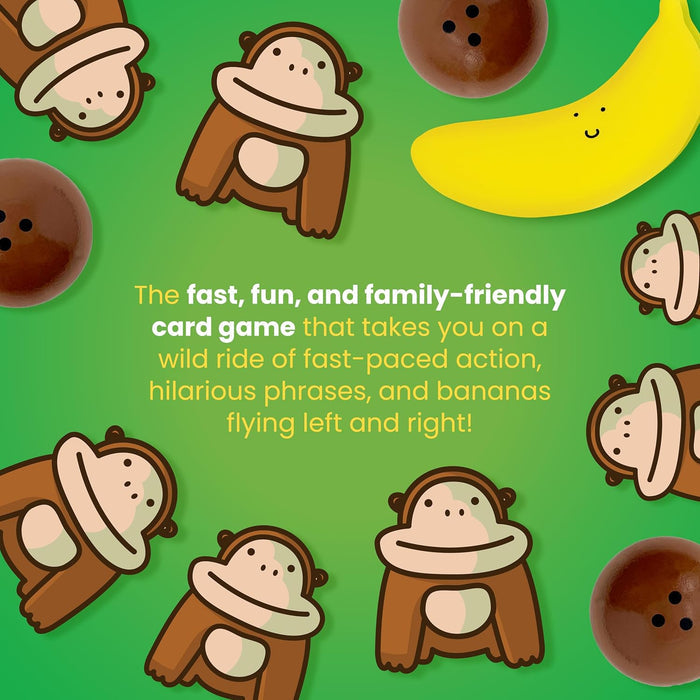 Cartoon gorillas, coconuts, and a large yellow banana surround game description text on a bright green background.