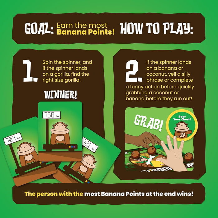 Green infographic with gorilla weight cards, action prompts, and players grabbing plastic coconut pieces.