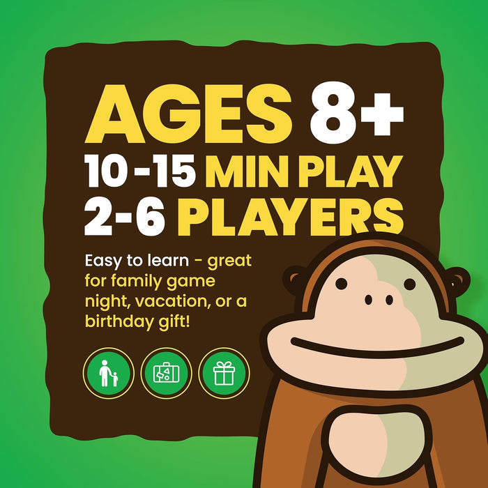 Green graphic with a smiling cartoon gorilla and text: Ages 8+, 10-15 min play, 2-6 players. Great for family game night.