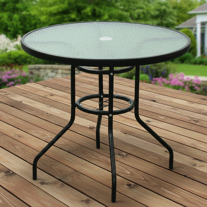 Round garden table with 80cm tempered glass top by dealonlinenz, showcasing a sleek, durable outdoor furniture piece.